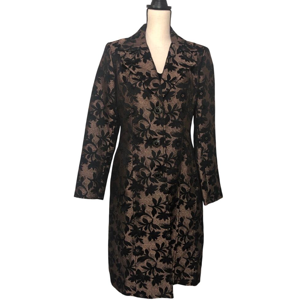 Vintage George Metallic Bronze Black Brocade Floral Duster Trench Coat Size 6